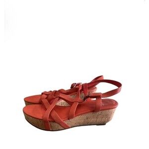Eileen Fisher Array Strappy Wedge Coral Leather Cork Sandals Womens Sz 7